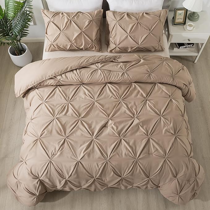 Andency California King Comforter Set Taupe (104x96Inch), Pinch Pleat Cal King Comforter Set 3 Pieces, Oversized King Pintuck Bed Comforter, Microfiber Down Alternative Comforter Bedding Set