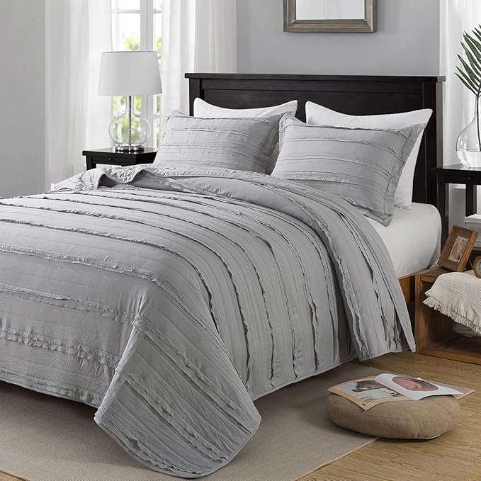 Homcosan 3-Piece Queen Size Quilt Set with Pillow Shams, Stone-Washed Microfiber Bedspread/Coverlet/Bed Cover -Soft and Lightweight (90x98 Inches,Grey)