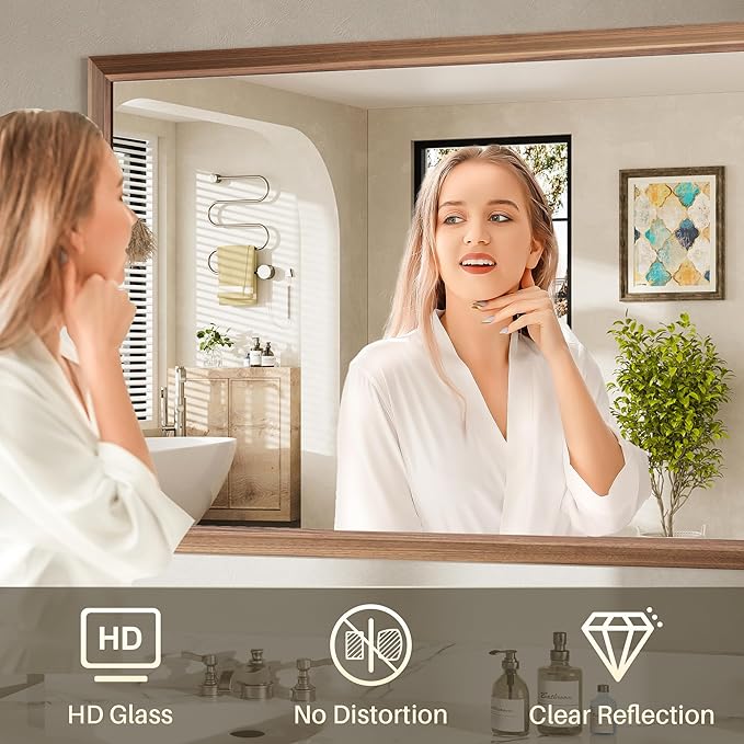 72x36 Inch Bathroom Mirror for Wall, Anti-Rust Walnut Wood Grain Metal Framed Bathroom Mirrors for Over Sink,Rectangler Mirrors for Bathroom Vanity, Farmhouse, Bedroom, Living Room, Entryway Decor