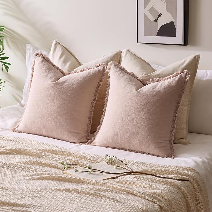 Woaboy Set of 2 Decorative Linen Fringe Throw Pillow Covers Boho Farmhouse Cushion Covers Accent Pillowcases with Tassels for Living Room Couch Sofa Bed Chair,18x18 Inch,Light Pink