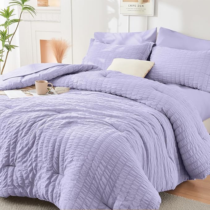 HYMOKEGE Light Purple Full Size Comforter Sets Seersucker 7 Pieces, All Season Luxury Bed in a Bag for Bedroom, Bedding Set with Comforter, Sheets, Pillowcases & Shams