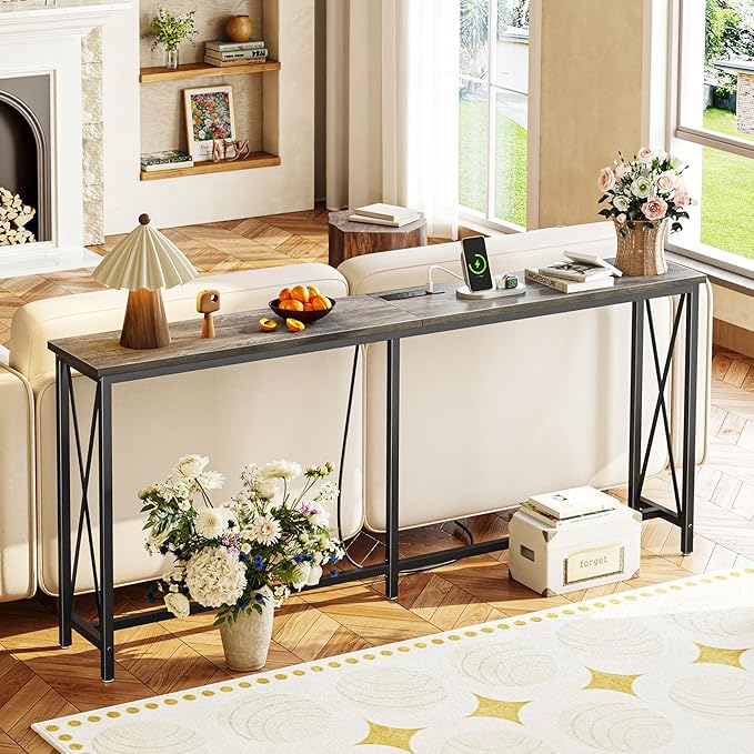 SUPERJARE 70 Inch Console Table with Outlets and USB-C Port, Extra Long Behind Couch Sofa Table with X-Shaped Design, Narrow for Entryway, Living Room, Metal Frame, Wooden Top, Grey