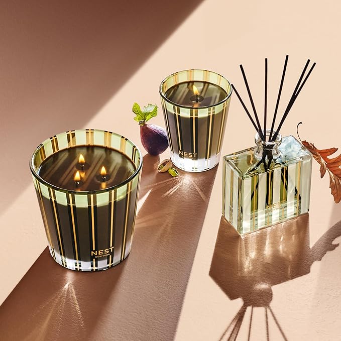 NEST New York Scented 3-Wick Candle, Pistachio & Wild Fig - 21.2 oz - Up to 100-Hour Burn Time - Reusable Glass Vessel