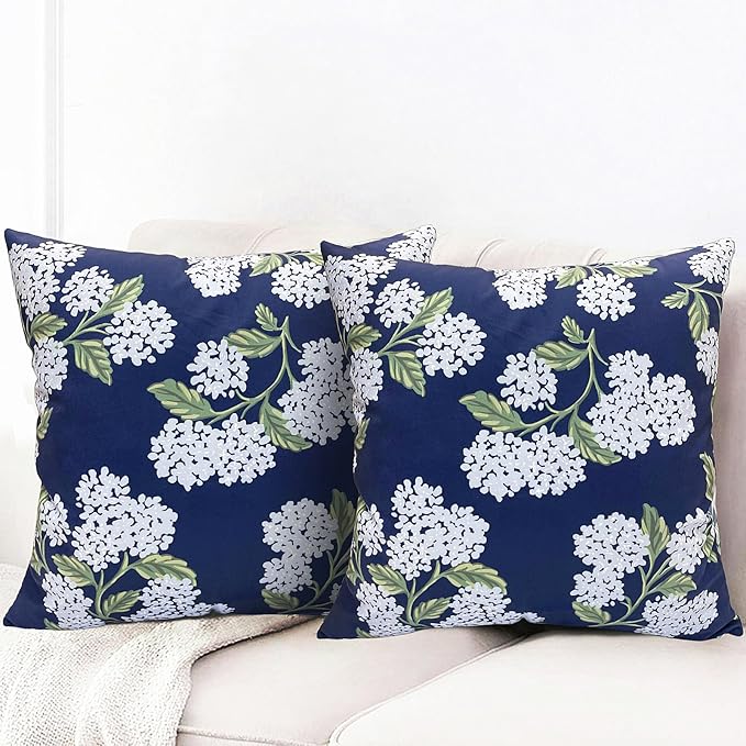 Decorative Throw Pillow Covers Set of 2 Blue Hydrangea Pillow Covers 18x18 inch Super Soft Short Plush Square Floral Throw Pillows,Farmhouse Outdoor Pillow Covers for Couch Living Room