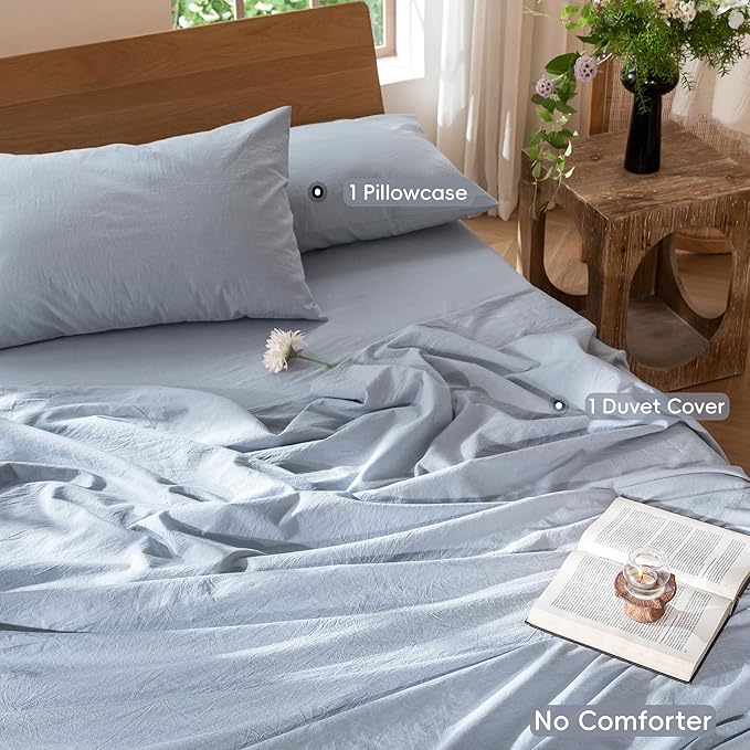 MooMee Bedding Duvet Cover Set 100% Washed Cotton Linen Like Textured Breathable Durable Soft Comfy (Heathered Cornflower Blue, Twin 68"x90")