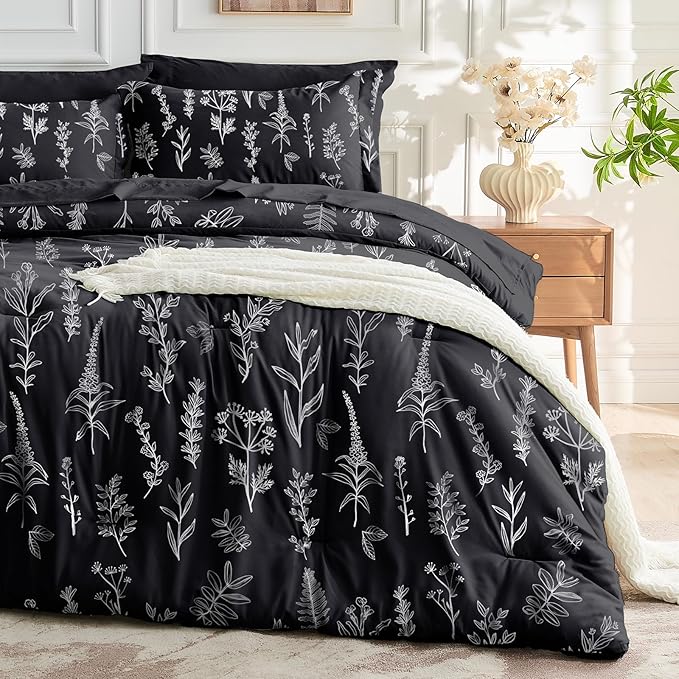 MUXHOMO Black California King Comforter Set, Elegant Floral Print Bed in a Bag 7 Pieces, Ultra Soft & Breathable Reversible Botanical Pattern Bedding Set with Comforter, Sheets, Pillowcases, and Shams