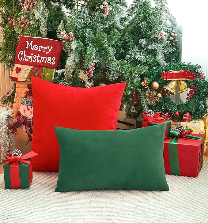 Pack of 2 Christmas Green Pillow Covers 16x16 Inch Decorative Throw Pillow Cover, Velvet Emerald Pillowcases for Couch Sofa Bed, Home Boho Decor, Modern Soft Cushion Covers