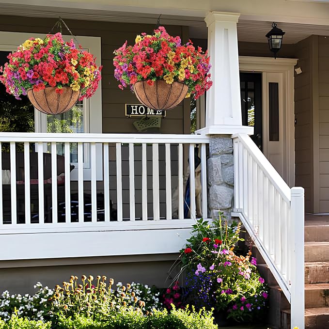 Orgrimmar 2 Pack Artificial Hanging Flowers Basket Outdoor Fake Hanging Plants UV Resistant Realistic Silk Flowers Eucalyptus in Coconut Lining Baskets for Home Porch Balcony Patio Yard Muti-Color