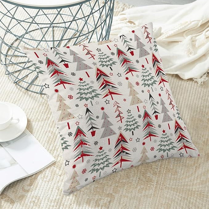 Christmas Pillow Covers 16 x 16 Inch, Colorful Red Green Grey Christmas Tree Decor Throw Pillows for Home Couch Bed, Winter Xmas Snowflake Decorative Pillowcase Linen Cushion Cover Set of 2