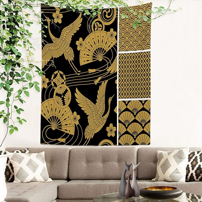 Batmerry Black Oriental Tapestry,Gold Japanese Fan Wall Art Hanging Decoration Polyester Fiber White Ruffled Around for Dorm Room Bedroom Living Room, 59.1x51.2 inches