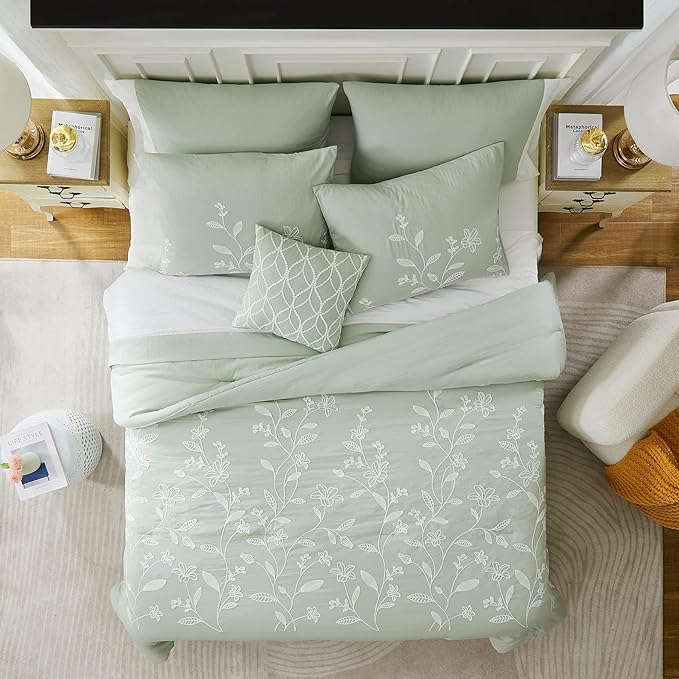 MaiRêve Embroidery Comforter Sets Green Twin Size, Farmhouse Floral Twin Bedding Sets 5 Pieces, Warm Fluffy All Season Bed Set and Comforter Sets(Green, Twin,66"x86")