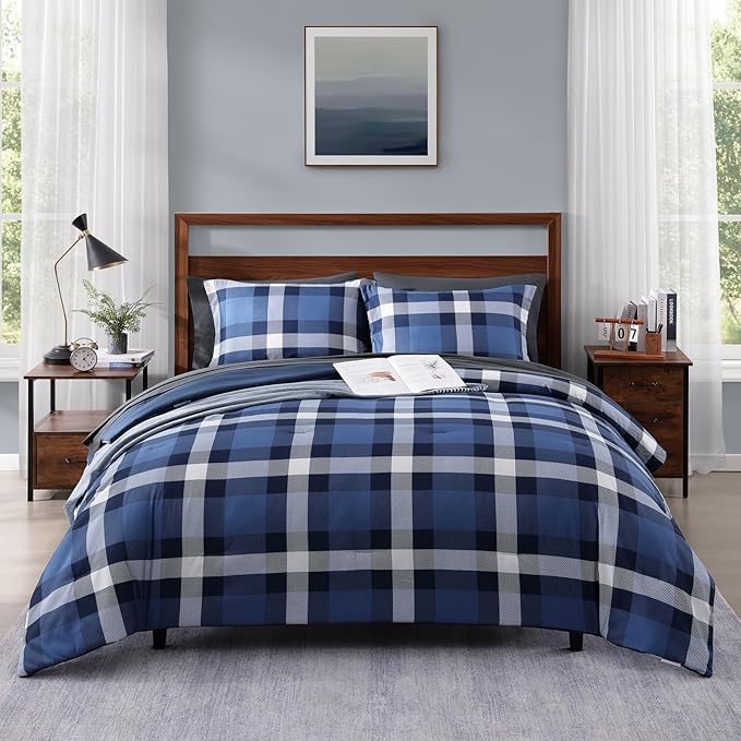 MaiRêve Queen Size Plaid Comforter Set Indigo Blue, Classic Checkered 7 Pieces Farmhouse Bedding Set, All Season Lightweight Bed in A Bag with Sheets, Pillowcases & Shams