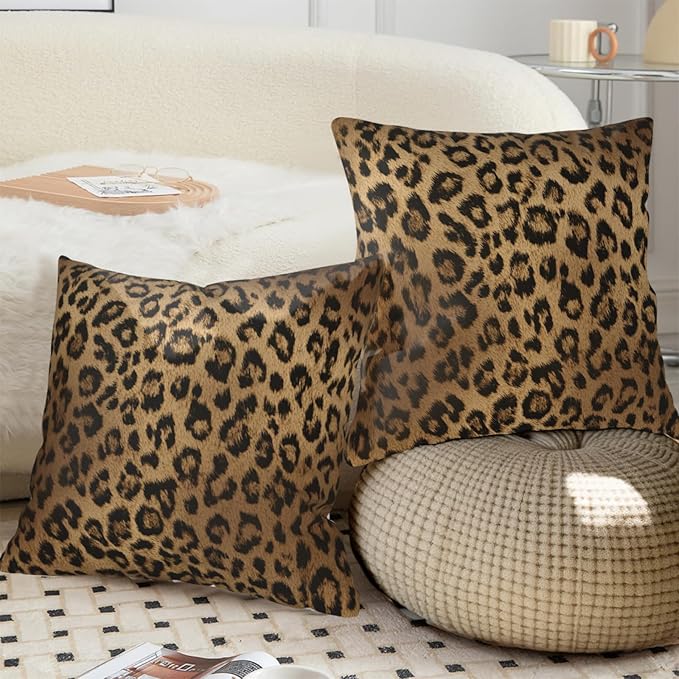 Brown Throw Pillow Covers - Leopard Pillow Cover 22x22 Cheetah Print Cushion Cases Set of 2 for Couch Sofa Porch