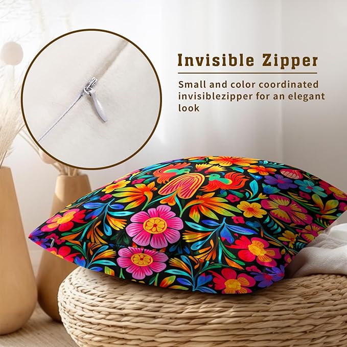Mexican Throw Pillow Covers 22x22 - Mexico Pillow Cover Colorful Flowers Pillowcase Set of 2 Floral Birds Cushion Cover for Bedroom Home