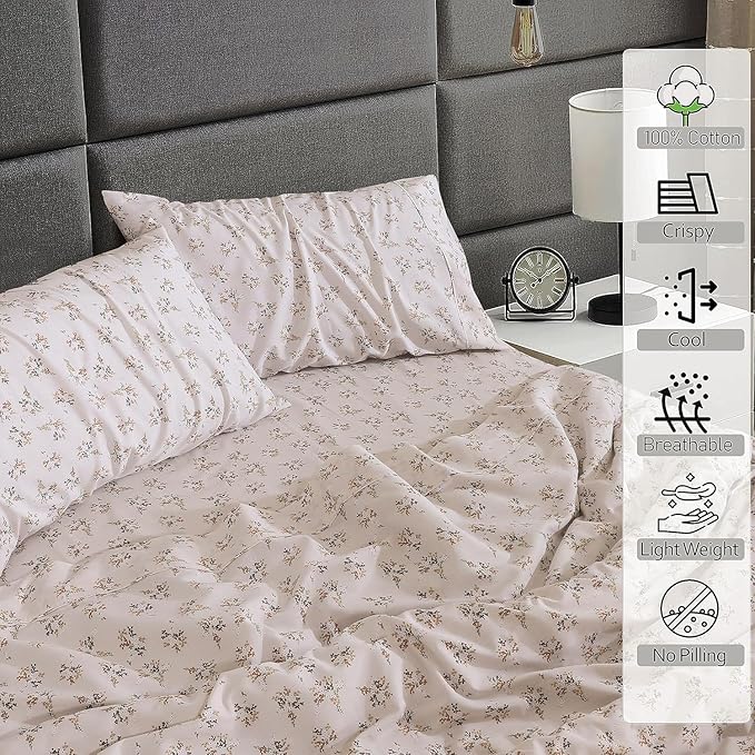 RUVANTI 100% Cotton Split King Sheets Sets for Adjustable Bed, 5 PCs, Soft & Breathable Percale Weave Bedding, Deep Pocket 16", Hotel Standard, Crisp Cool Feel & Durable, Floral Sheet, Twin Spring