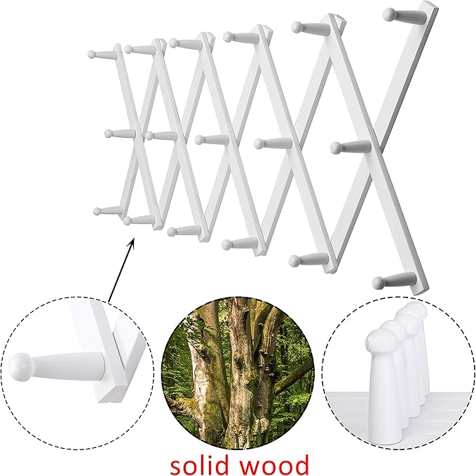 WEBI Accordion Wall Hanger,Expandable Wooden Hat Rack for Wall Mounted Coat Rack,Accordion Hat Hooks Holder for Baseball Caps,17 Peg Hooks,White