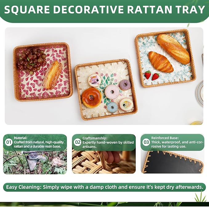 Rattan Tray with Mother of Pearl Inlay, Boho Coffee Table Decor, Decorative Serving Tray, Farmhouse Gift for Living Room & Bathroom