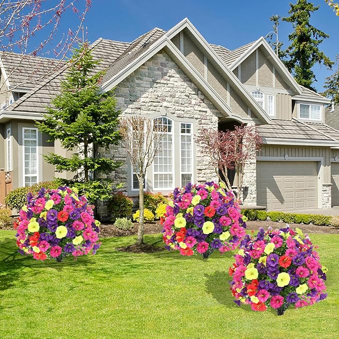 Artificial Boxwood Topiary Ball Trees with Ground Spikes UV Resistant Faux Greenery Shrubs Fake Shrubs for Outdoors, Realistic Faux Plants Bushes for Garden Porch Yard Patio Decor (Multi Flower)