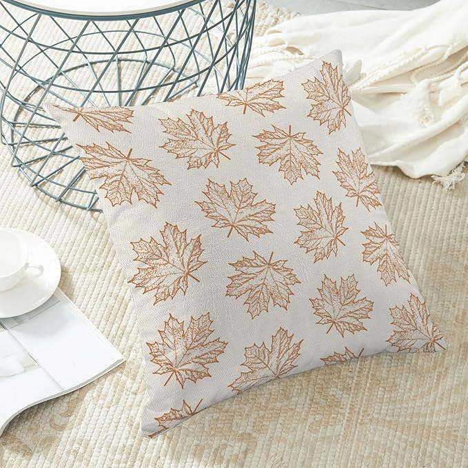 Fall Pillow Covers 16 x 16 Inch, Burnt Orange Maple Decor Throw Pillows for Couch Bed, Autumn Outdoor Farmhouse Decorative Pillowcase Linen Cushion Cover Set of 2