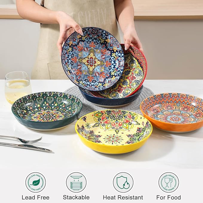 KitchenTour Pasta Bowls Set of 6-30 oz Large Wide & Shallow Serving Bowl, Colorful Ceramic Salad Bowls for Everyday Dining - 8.2 Inch, Microwave and Dishwasher Safe, Bohemian Style