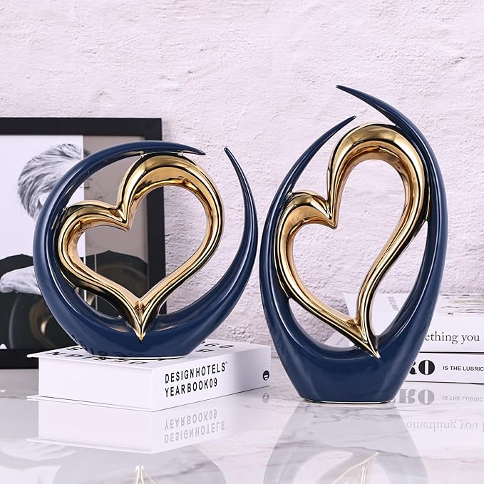 Ceramic Heart Decor Love Statue, Navy Blue Gold Double Hearts Sculptures for Home Table Centerpiece Decor, Valentine, Wedding, Decorative Items for Shelves, Coffee Table Decor (Hug Heart-Tall)