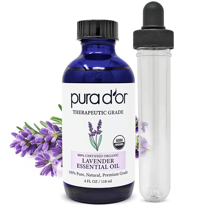 PURA D'OR Organic Lavender Essential Oil (4oz with Glass Dropper) 100% Pure & Natural Therapeutic Grade for Hair, Body, Skin, Aromatherapy Diffuser, Relaxation, Meditation, Massage, Home, DIY Soap
