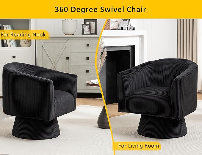 Swivel Accent Chair, Modern 360° Barrel Chair, Corduroy Upholstered Single Sofa for Living Room, Bedroom(Black)