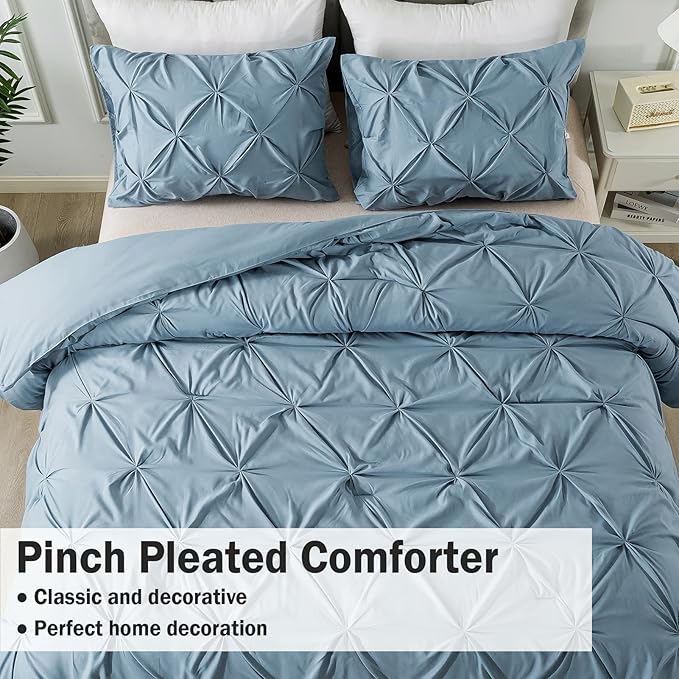 Andency Queen Comforter Set Grayish Blue, 3 Pieces Pinch Pleat Bedding Comforters & Sets, Pintuck Lightweight Fluffy All Season Bed Set for Women Men Girls(90x90Inch)