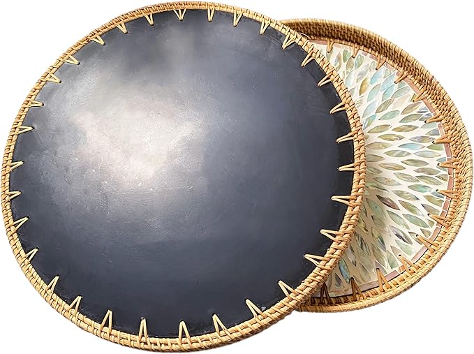 i-lan 14Inch Round Mother of Pearl Inlay Rattan Tray Display, Rattan Coffee Bread Serving Tray with MOP Inlay Wooden Base, Decorative Wicker Basket for Table Decor, Storage of Fruit,Candy
