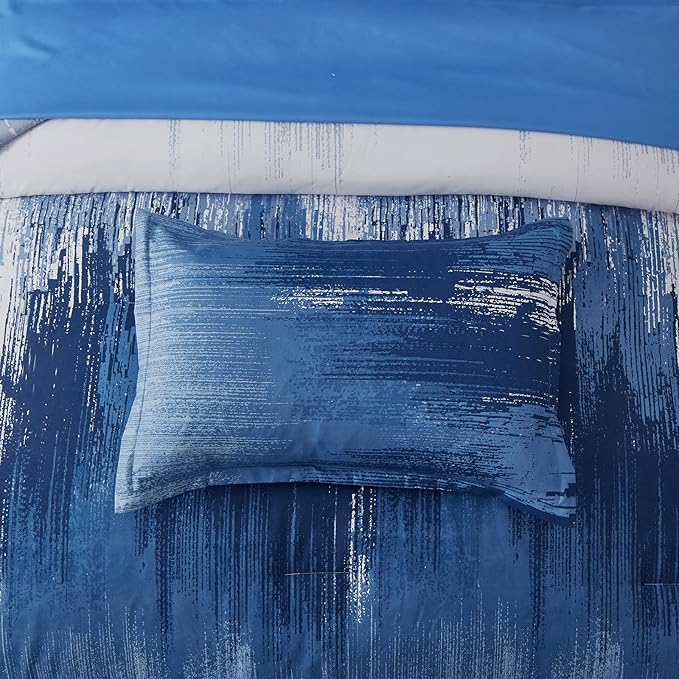 Ombre Blue Comforter Set King Size Reversible Gradient Blue Grey Boho Bedding Set for Men Women 8 Pieces Bed in A Bag Bohemian Bed Set With Comforter, Sheets, Pillowcases & Shams, Cushion Cover