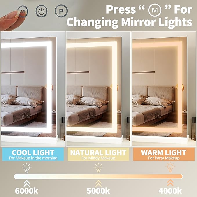 FENNIO 23" x 18" Vanity Mirror with Lights，LED Makeup Mirror，Hollywood Mirror with 3 Color Modes & Adjustable Brightness，Vanity Mirror Square White