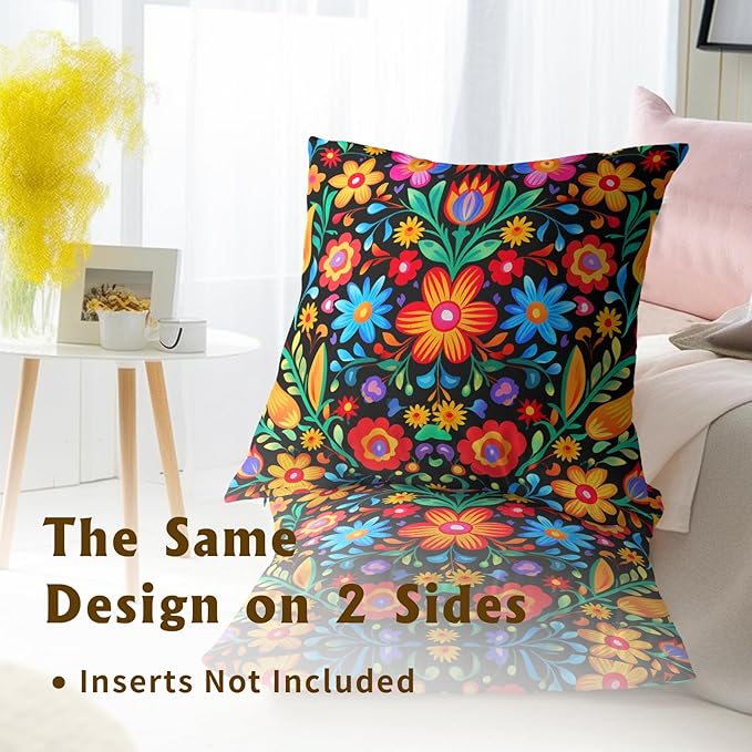 Mexican Flowers Throw Pillow Covers - Mexico Pillow Covers 22x22 Set of 2 Colorful Floral Pillowcase Botanical Blossom Cushion Case for Sofa Couch Outdoor Porch