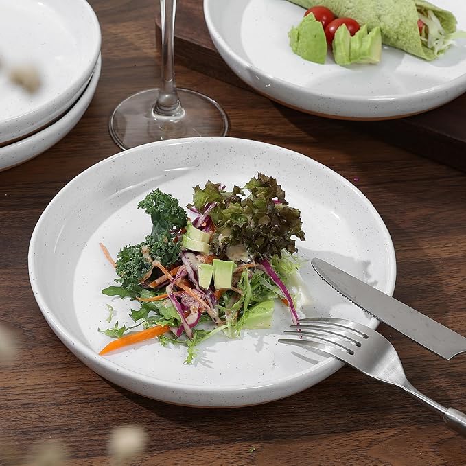 8-Inch Stoneware Plates Set of 4 - Porcelain Dinner Plates - Microwave and Dishwasher Safe, Ceramic Plates Set,Scratch Resistant. Kitchen Porcelain Dish,White(Brown Bottom)
