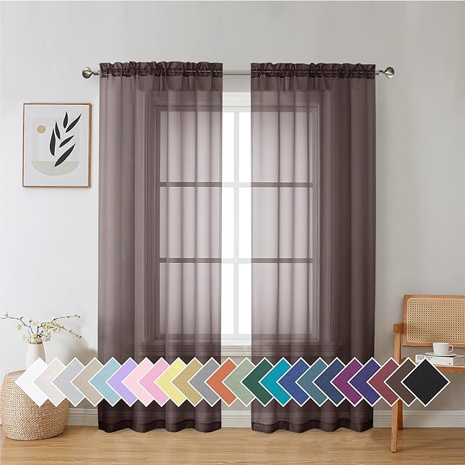 Aiyufeng Chocolate Sheer Curtains 72 Inches Long 2 Panels, Solid Voile Top Dual Rod Pockets Stylish Breathable Drapes Window Treatment for Kid's Room/Bedroom/Living Room, 42W x 72L, Chocolate Brown