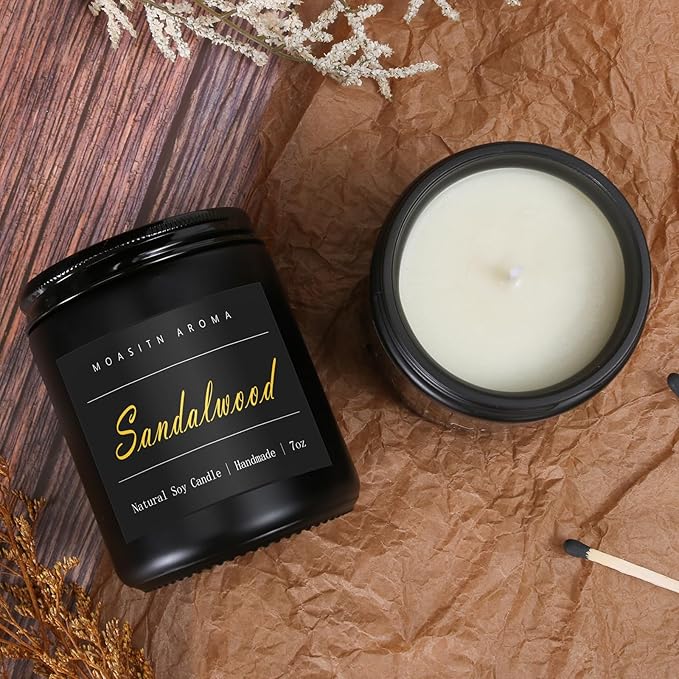 MOASITN Sandalwood Scented Candles for Home| Leather,Sandalwood,Amber Scented Soy Candle| Handmade Longlasting Aromatherapy Candle| Jar Candel Gift for Women,Men for Spring,Birthday,Relaxing|7oz