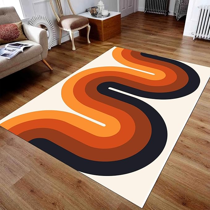 Scandinavian Style Rugs, 4x5 Retro Mid Century Orange Rugs,Boho Rug, Modern Pet Friendly Rug, Washable Non-Slip Rubberback Rug, Non-Shedding Low-Pile Bedroom Office Floor Carpet