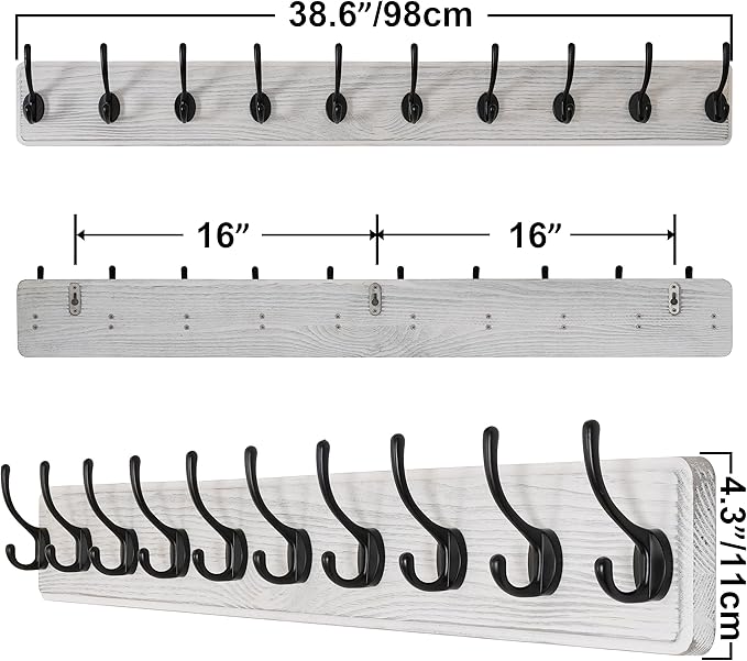 SKOLOO Farmhouse Style Large Wall Mounted Coat Rack-38.6'' Long, Pine Solid Wood Coat Hook Hanger - 10 Hooks for Hanging Clothes Robes Towels Coats