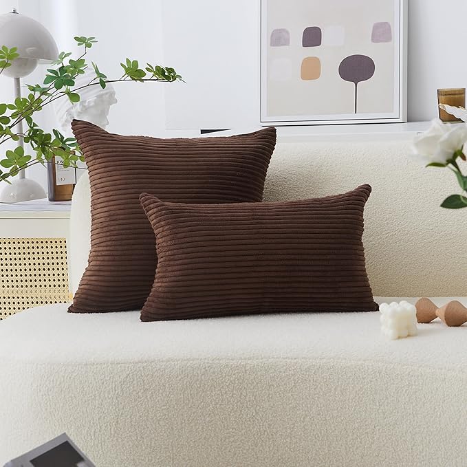 Home Brilliant 2 Packs Throw Pillows Covers 16x16 Striped Velvet Sofa Pillows Decorative Sets, 40cm, 16 x 16 Inch, Brown