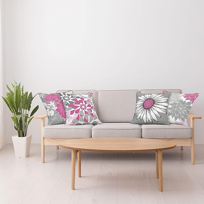 Ambesonne Floral Throw Pillow Cushion Case Pack of 4, Flower Petals Modern Color Palette Chamomile Peony Dahlia and Sunflower Print, Modern Accent Double-Sided Digital Printing, 16", Pink and Grey