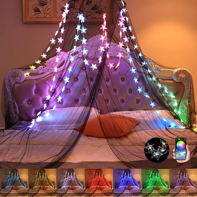 Comtelek Bed Canopy with Lights,Canopy Bed Curtain with RGB Music Sync Color Changing LED Star Lights with App Remote Mosquito Net for Princess Girls Bedroom,Dome Canopy for Twin,Queen,King Size Bed