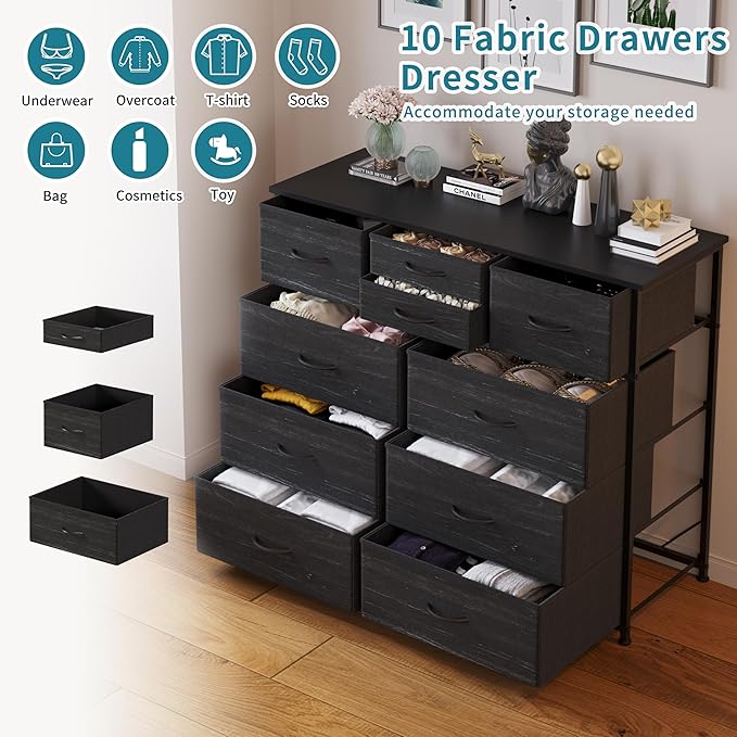 LUMTOK 10-Drawer Dresser, Fabric Dressers Drawers for Bedroom, Hallway, Nursery, Closets, Steel Frame, Wood Top, Easy Pull Handle (Black Wood Veins)
