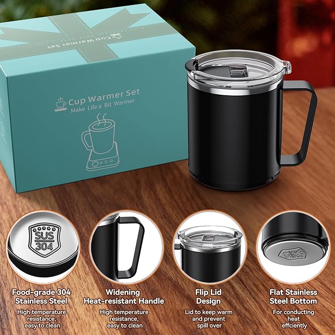 Coffee Mug Warmer & Mug Set for Desk, 36W Electric Coffee Cup Warmer with 16oz Cup, 9 Temp Settings Auto Shut Off Heated Mug Plate for Home Office Desk Accessories, Gifts for Coffee Lovers, Black