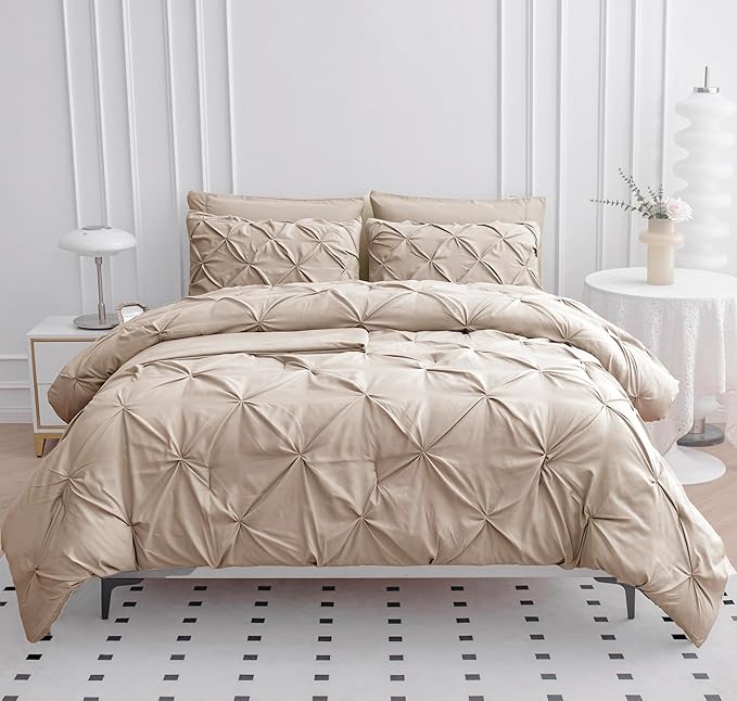 LANE LINEN Queen Comforter Set - 7 Pieces Pintuck Bed in A Bag, Queen Bed Set with Comforters, Sheets, Pillowcases & Shams, Bedding Set - Beige