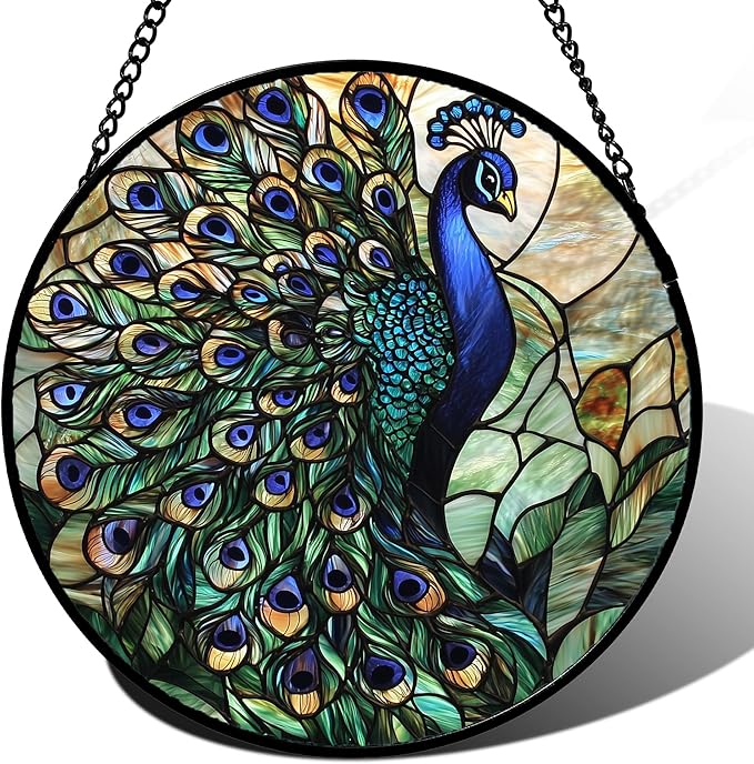 Stained Glass Window Hanging, Turquoise Peacock Sun Catcher for Door Home Decor Blue Green Suncatcher Christmas Mother's Day Birthday Gifts for Women Men Mom and Nana 6.3 in