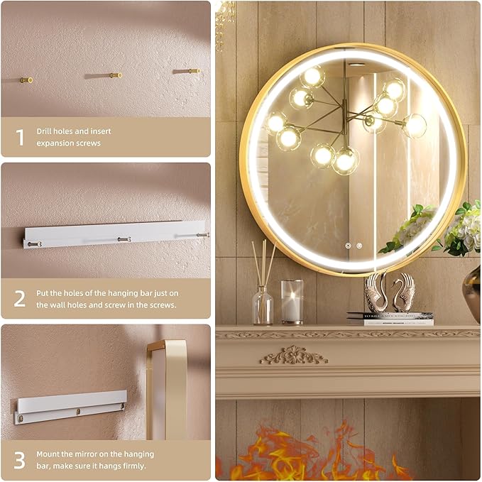 Hasipu 24 Inch Round LED Mirror for Bathroom with Lights, Gold Circle Vanity Mirror for Wall, Metal Framed Frontlit Bathroom Lighted Mirrors Anti-Fog, Dimmable, 3 Colors Makeup Mirror Wall Mounted