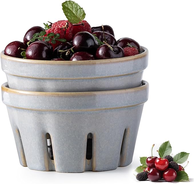 Gomakren Fruit Bowl with Holes, Ceramic Berry Basket Set of 2, 5.8 Inch Round Fruit Storage Containers for Kitchen, Farmhouse Strawberry Basket for Berries, Grape, Cherry, Gray