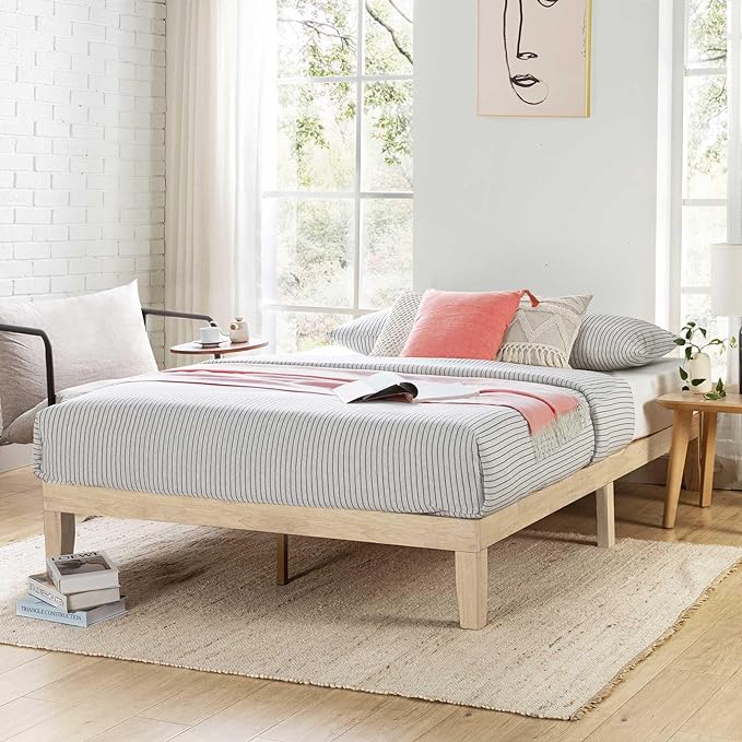 Mellow Naturalista Classic 12 Inch Solid Wood Platform Bed with Wooden Slats, King, White Wash