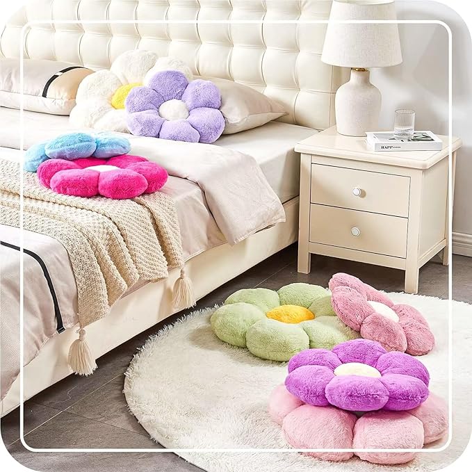Lavender Flower Pillow, Cute Decorative Shaped Throw Pillow With Faux Rabbit Fur, 14.9" Soft Plush Floor Pillows Room Decor for Bedroom Living Room