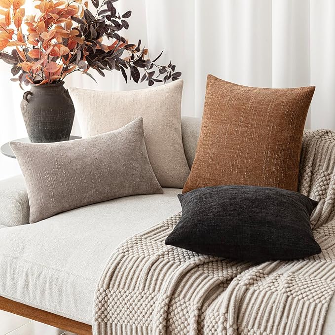 Foindtower Set of 2 Textured Chenille Throw Decorative Pillow Covers Square Accent Solid Cushion Cover Neutral Farmhouse Lumbar Pillow Case for Couch Sofa Bedroom Living Room 12x20 Inch,Light Taupe