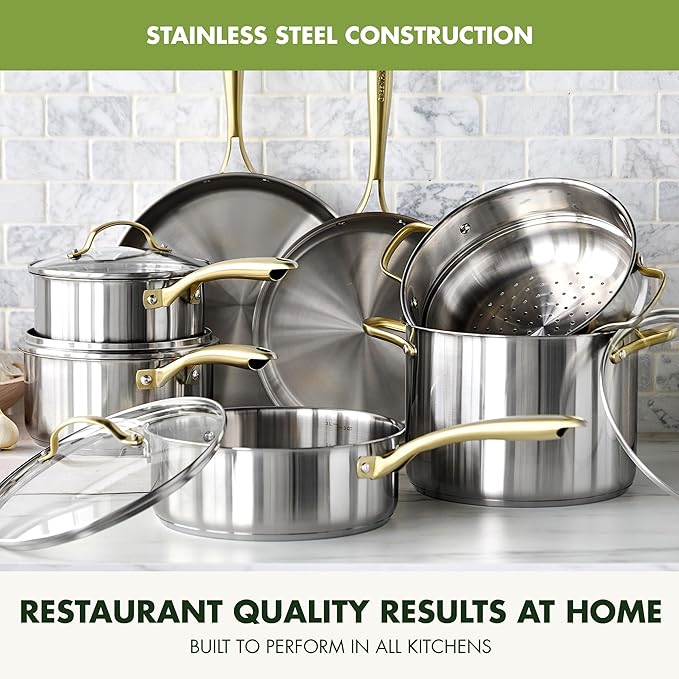 GreenPan 11 Piece Stainless Steel Cookware Set, Induction Ready, Measurement Markings, Dishwasher & Oven Safe 600F, Pots & Pans, Sauce, Saute, Frying Pans, Gold
